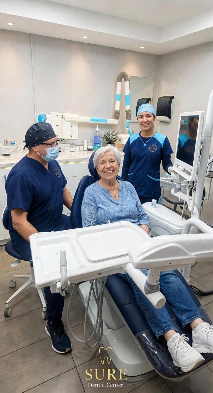 Dr. Gustavo Pastrana y su asistente con una paciente sonriente en Sure Dental, Tijuana