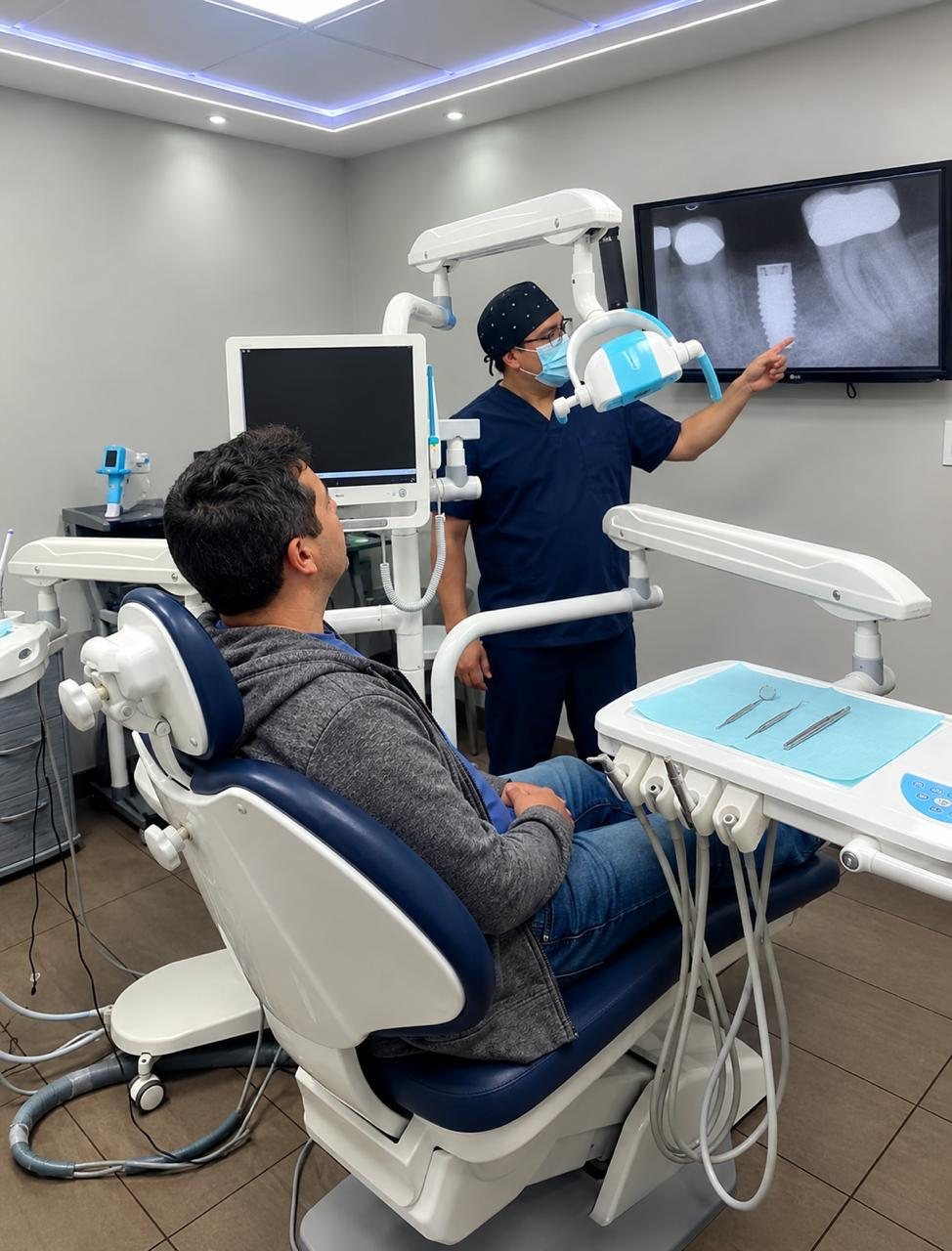Implantes dentales en Tijuana: dentista de Sure Dental explicando un implante al paciente en la radiografía