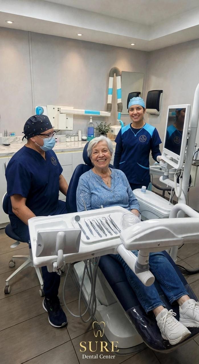 Prótesis dentales en Tijuana: dentista de Sure Dental con paciente sonriente en el consultorio